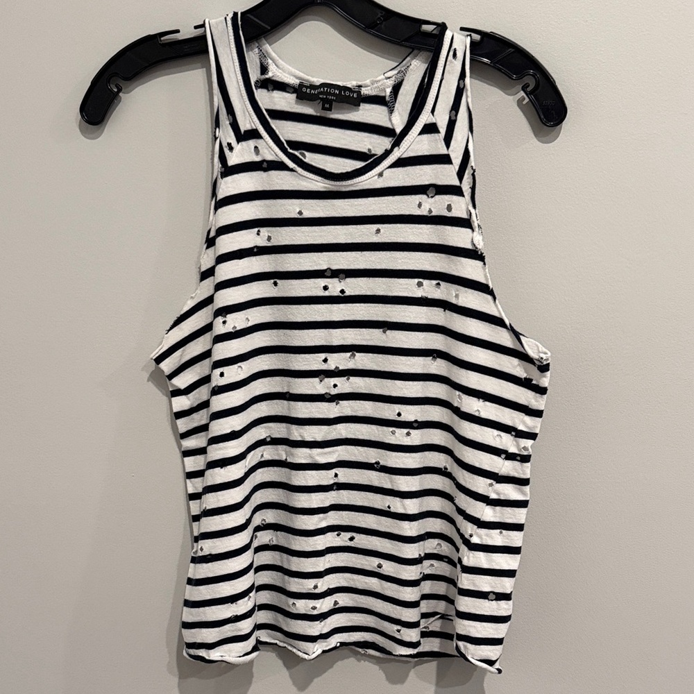 Generation Love Navy and White Striped Distressed Tank
